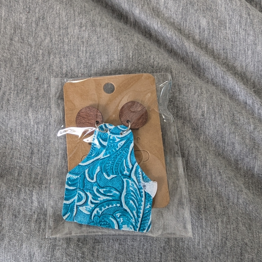 Wood & Faux Leather Turquoise Earrings